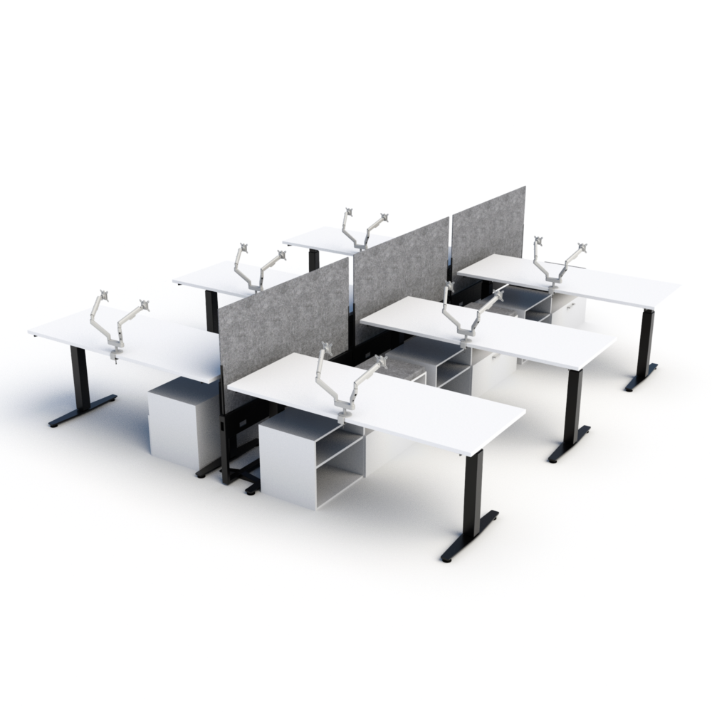 HiLo Hub in Black with Pewter PET Screen | HiLo Desk in Black with White Surface | Low Credenza in White